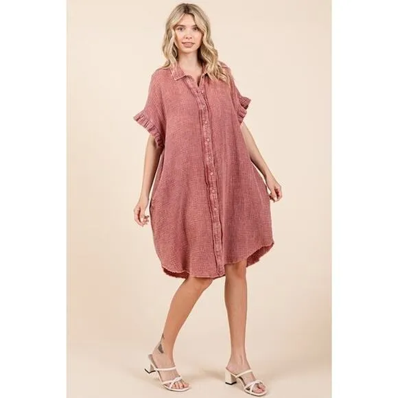 ❤️Mittoshop Mineral Washed Buttoned Cotton Gauze Pockets Mini Shirt Dress | Rust
