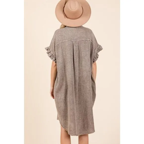 Mittoshop Mineral Washed Buttoned Cotton Gauze Pockets Mini Shirt Dress | Toffee