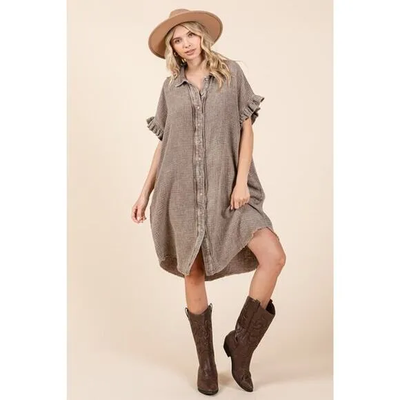 Mittoshop Mineral Washed Buttoned Cotton Gauze Pockets Mini Shirt Dress | Toffee
