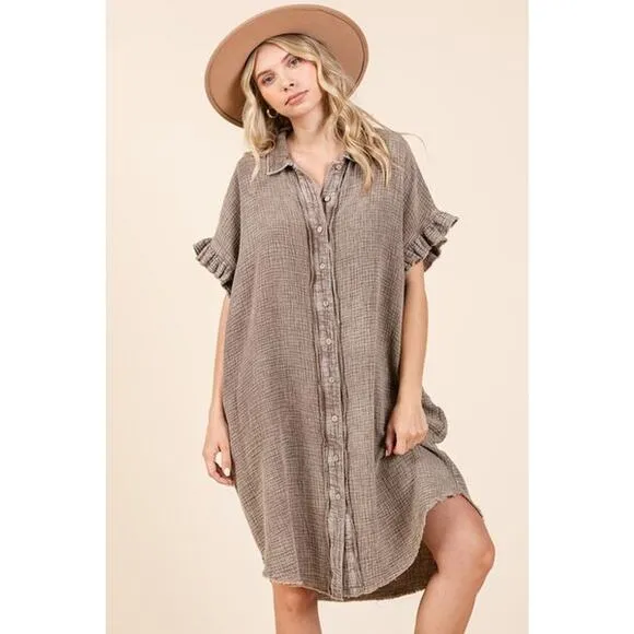 Mittoshop Mineral Washed Buttoned Cotton Gauze Pockets Mini Shirt Dress | Toffee