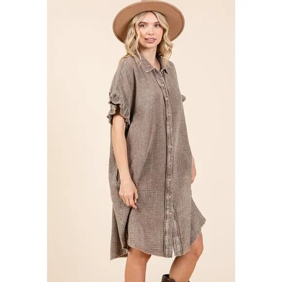 Mittoshop Mineral Washed Buttoned Cotton Gauze Pockets Mini Shirt Dress | Toffee