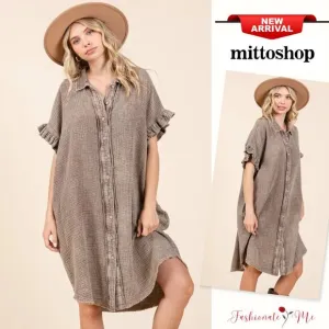 Mittoshop Mineral Washed Buttoned Cotton Gauze Pockets Mini Shirt Dress | Toffee