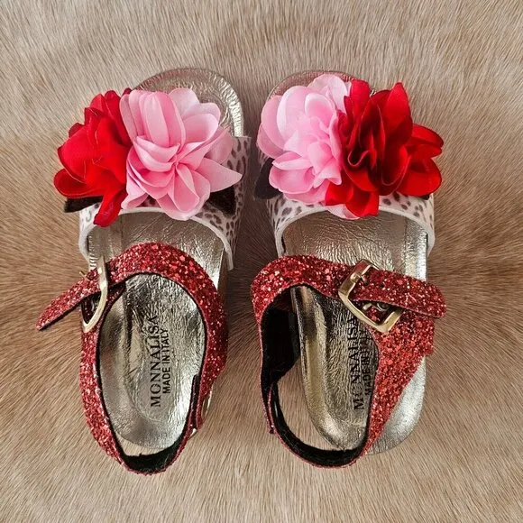 Monnalisa Girls Leather Glitter Flowers 🌺Sandals - Size EU 28 US 11