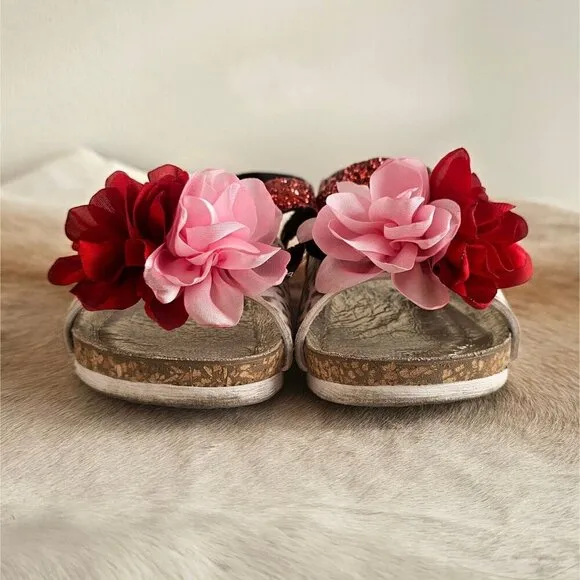 Monnalisa Girls Leather Glitter Flowers 🌺Sandals - Size EU 28 US 11