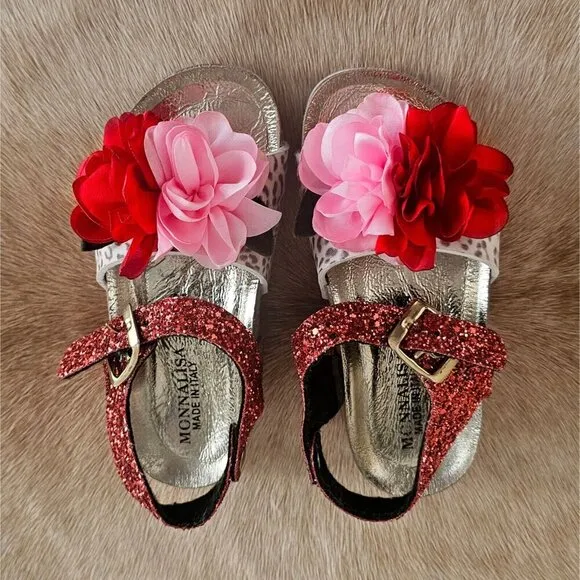 Monnalisa Girls Leather Glitter Flowers 🌺Sandals - Size EU 28 US 11
