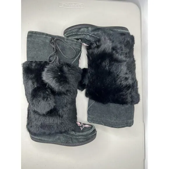 Mukluks Rabbit Fur Beaded Suede Boots Size Black Women’s Size 6