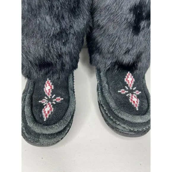 Mukluks Rabbit Fur Beaded Suede Boots Size Black Women’s Size 6