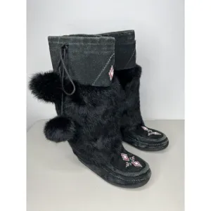 Mukluks Rabbit Fur Beaded Suede Boots Size Black Women’s Size 6