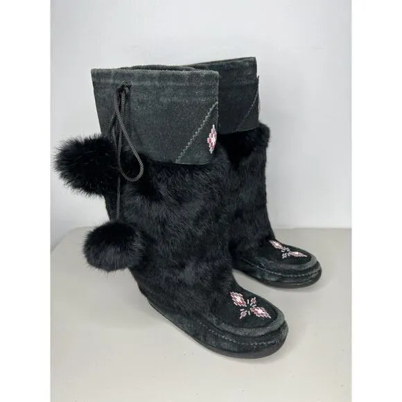 Mukluks Rabbit Fur Beaded Suede Boots Size Black Women’s Size 6