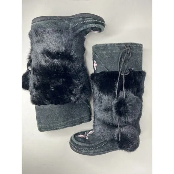 Mukluks Rabbit Fur Beaded Suede Boots Size Black Women’s Size 6