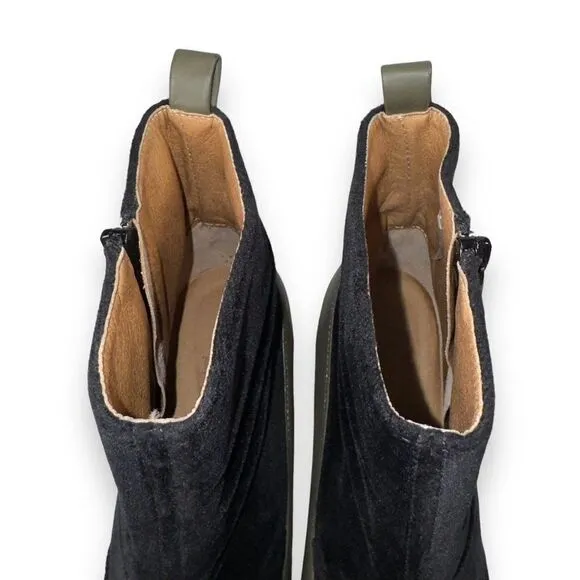 NAE Vegan Paula Green Block Heel Chelsea Boots Olive / Black Velvet Women's 9