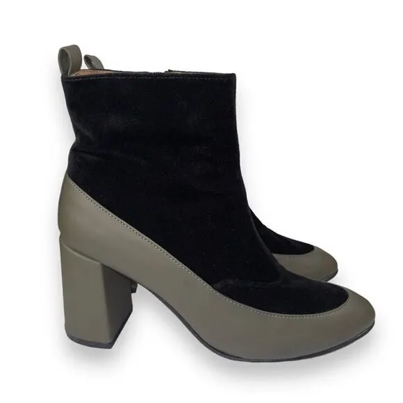 NAE Vegan Paula Green Block Heel Chelsea Boots Olive / Black Velvet Women's 9