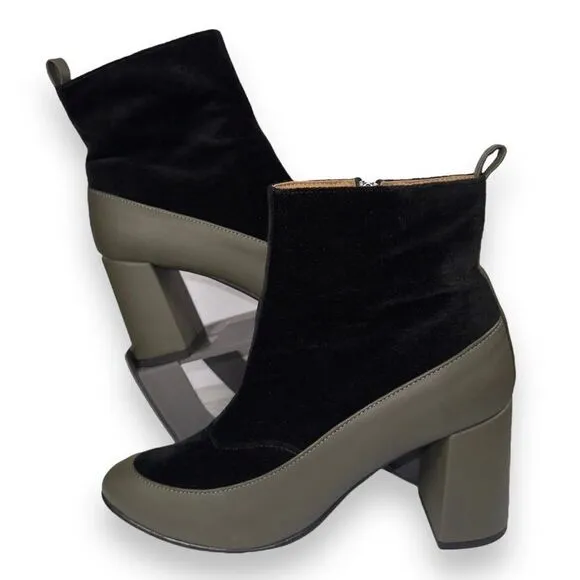 NAE Vegan Paula Green Block Heel Chelsea Boots Olive / Black Velvet Women's 9
