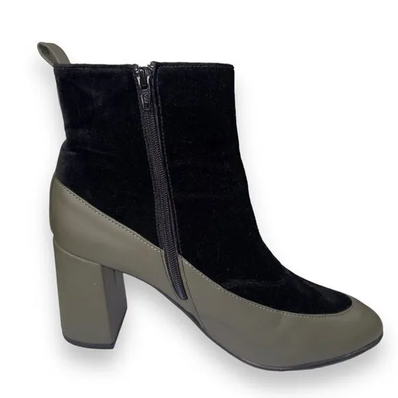NAE Vegan Paula Green Block Heel Chelsea Boots Olive / Black Velvet Women's 9