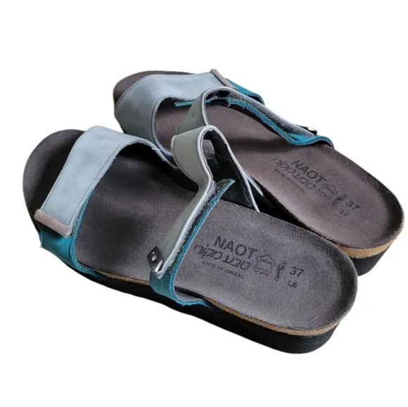NAOT Suede Two Tone Bkue Velcro Wedge Sandals 37 US 7 NEW