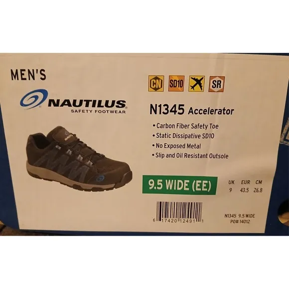 Nautilus Mens Black Accelerator Carbon Toe Work Shoes Size 9.5 Wide EE- NEW #828