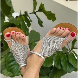 Neiman Marcus NWT Lola Cruz Ringstone Silver Leather Metallic sandal CHIC