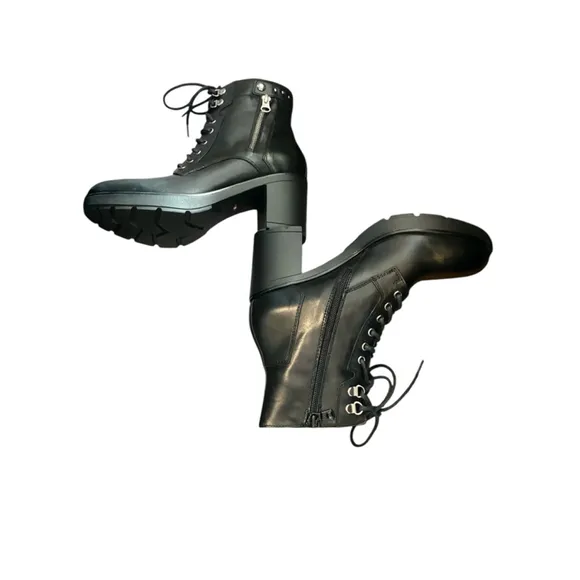 Nero Giardini Black Leather Lace-Up Heel Boots Dual Zip Combat Sz 39/8.5 NWOT