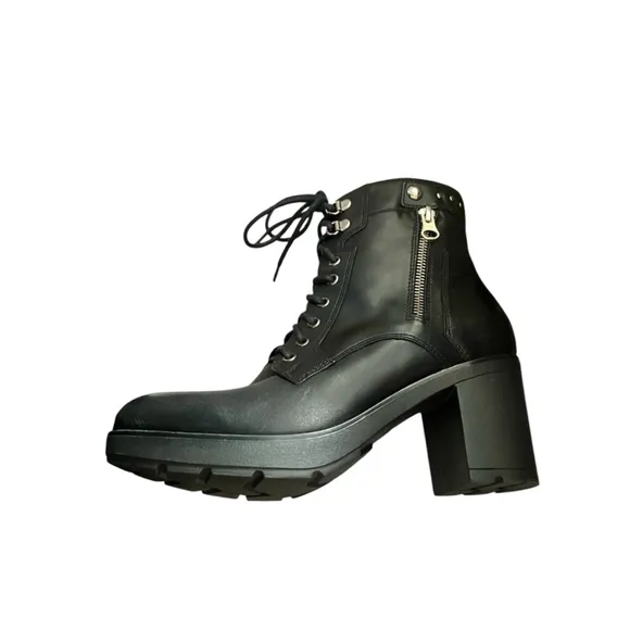 Nero Giardini Black Leather Lace-Up Heel Boots Dual Zip Combat Sz 39/8.5 NWOT
