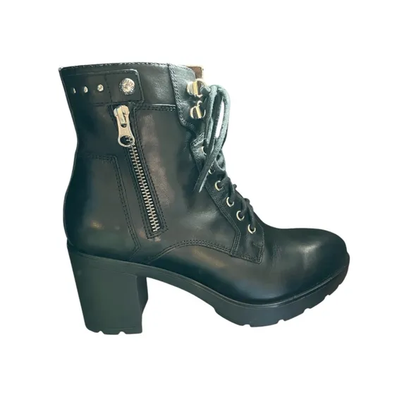 Nero Giardini Black Leather Lace-Up Heel Boots Dual Zip Combat Sz 39/8.5 NWOT