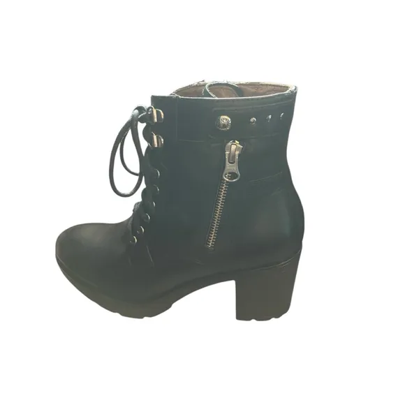 Nero Giardini Black Leather Lace-Up Heel Boots Dual Zip Combat Sz 39/8.5 NWOT