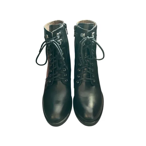 Nero Giardini Black Leather Lace-Up Heel Boots Dual Zip Combat Sz 39/8.5 NWOT
