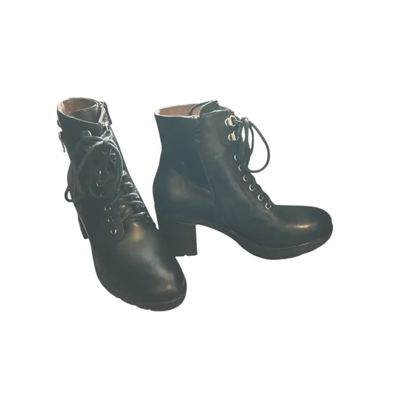 Nero Giardini Black Leather Lace-Up Heel Boots Dual Zip Combat Sz 39/8.5 NWOT