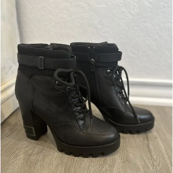 New Antonio Melani 9.5 Perline Leather Lac‎ Up Platform Heel Booties Black
