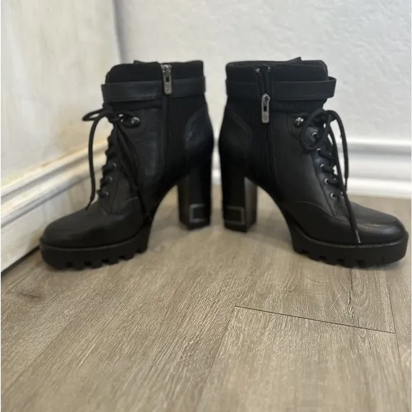 New Antonio Melani 9.5 Perline Leather Lac‎ Up Platform Heel Booties Black