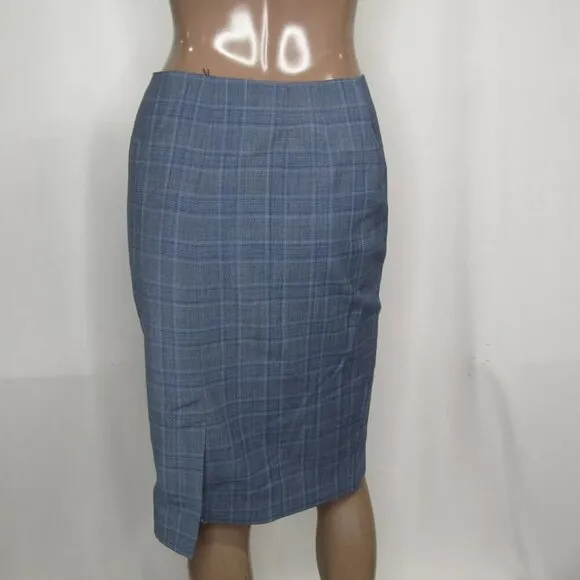 NEW BROOKS BROTHE Womens Skirt Blue Wool Blend Plaid Knee Length Zip Size 2