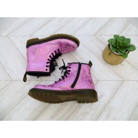NEW! Dr. Martens Junior 1460 Crinkle Metallic Lace Up Boots Pink SZ 3