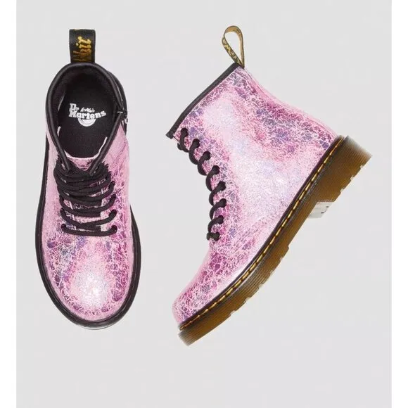 NEW! Dr. Martens Junior 1460 Crinkle Metallic Lace Up Boots Pink SZ 3