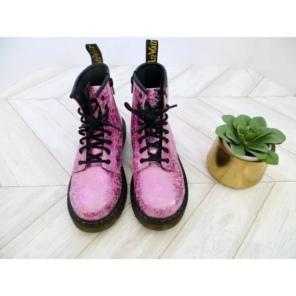 NEW! Dr. Martens Junior 1460 Crinkle Metallic Lace Up Boots Pink SZ 3
