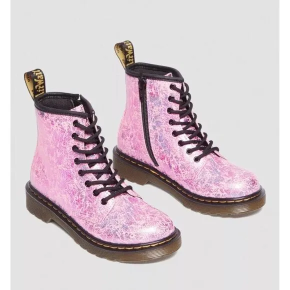NEW! Dr. Martens Junior 1460 Crinkle Metallic Lace Up Boots Pink SZ 3