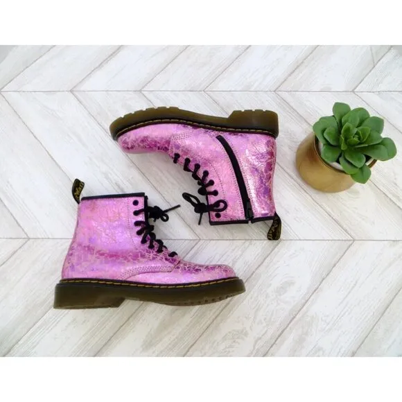 NEW! Dr. Martens Junior 1460 Crinkle Metallic Lace Up Boots Pink SZ 3