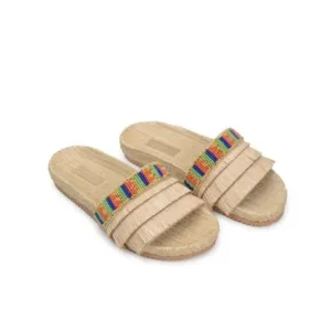 New Farm Rio Caramel Beaded Fringe Sandals Slides Size 10