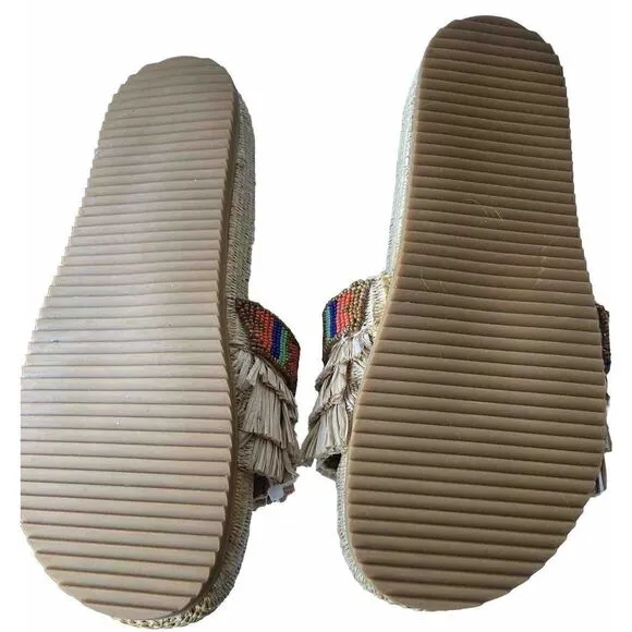 New Farm Rio Caramel Beaded Fringe Sandals Slides Size 10