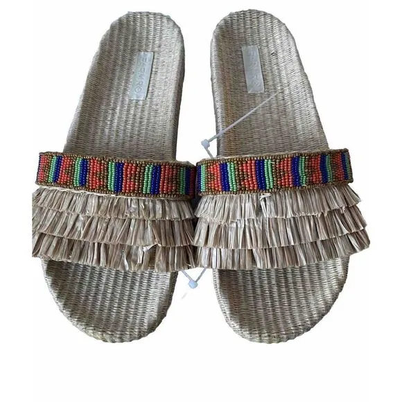 New Farm Rio Caramel Beaded Fringe Sandals Slides Size 10