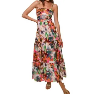 NEW HUTCH bethy ruched bodice tiered maxi dress in blush messy rainbow watercolo