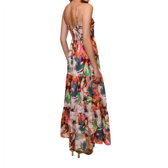 NEW HUTCH bethy ruched bodice tiered maxi dress in blush messy rainbow watercolo