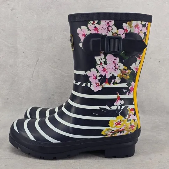 New Joules Rain Boots Mid Calf Molly Welly Stripe Floral Size US: 6‎ UK: 4