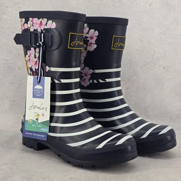 New Joules Rain Boots Mid Calf Molly Welly Stripe Floral Size US: 6‎ UK: 4