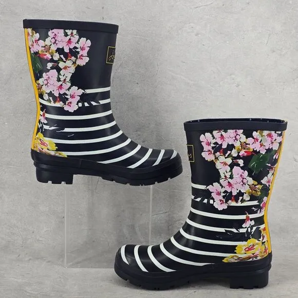 New Joules Rain Boots Mid Calf Molly Welly Stripe Floral Size US: 6‎ UK: 4