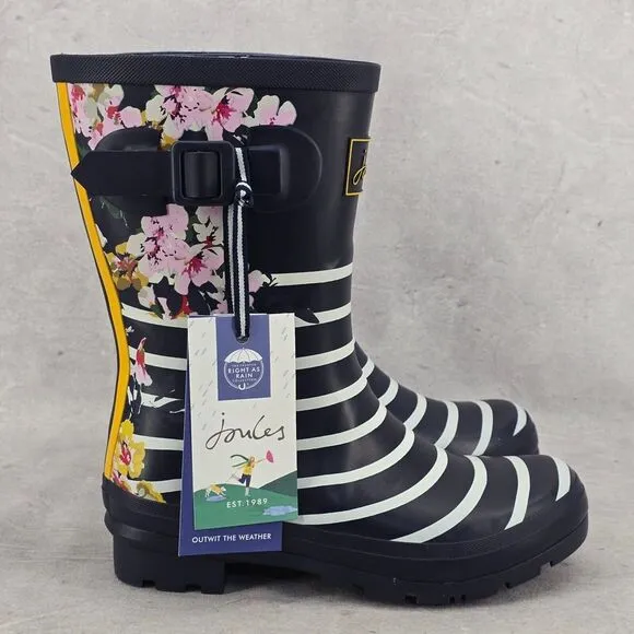 New Joules Rain Boots Mid Calf Molly Welly Stripe Floral Size US: 6‎ UK: 4