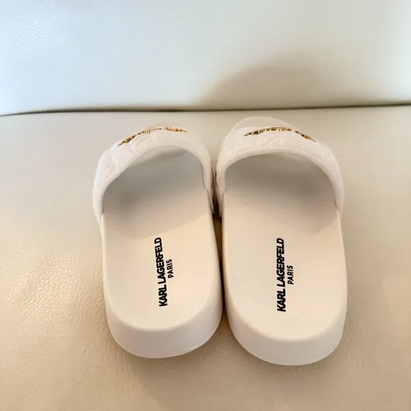 NEW KARL LAGERFELD WHITE QUILTED LOGO SLIDE SANDALS SIZE 8