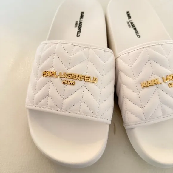 NEW KARL LAGERFELD WHITE QUILTED LOGO SLIDE SANDALS SIZE 8
