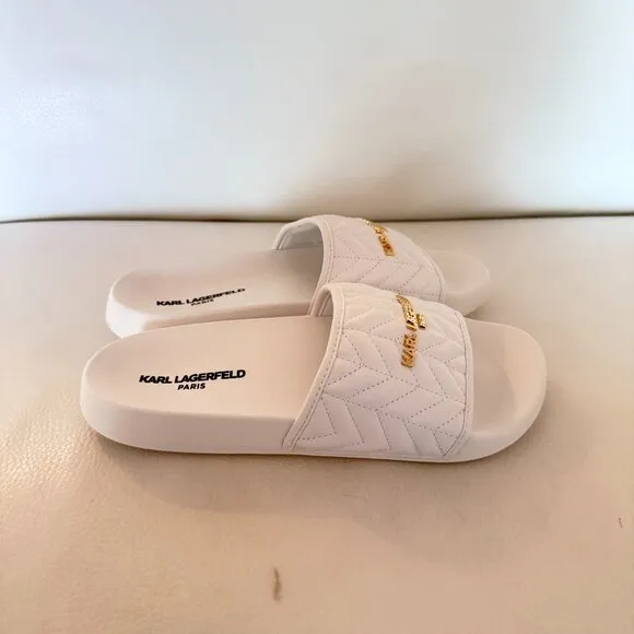 NEW KARL LAGERFELD WHITE QUILTED LOGO SLIDE SANDALS SIZE 8
