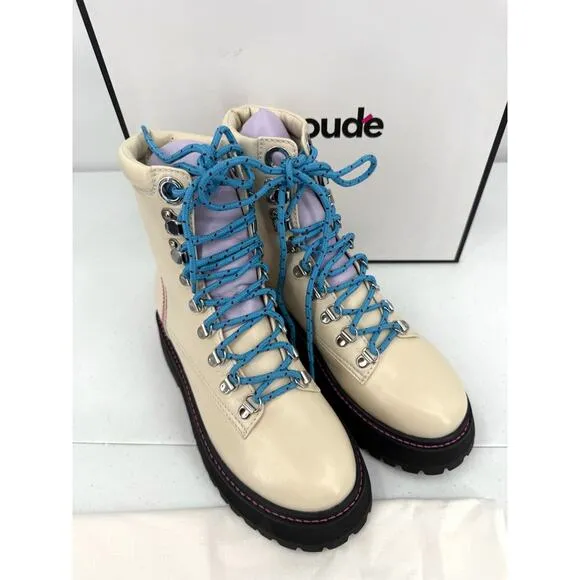 NEW Larroude Jordan Lace Up Ivory Violet Combat Boots Size 5.5