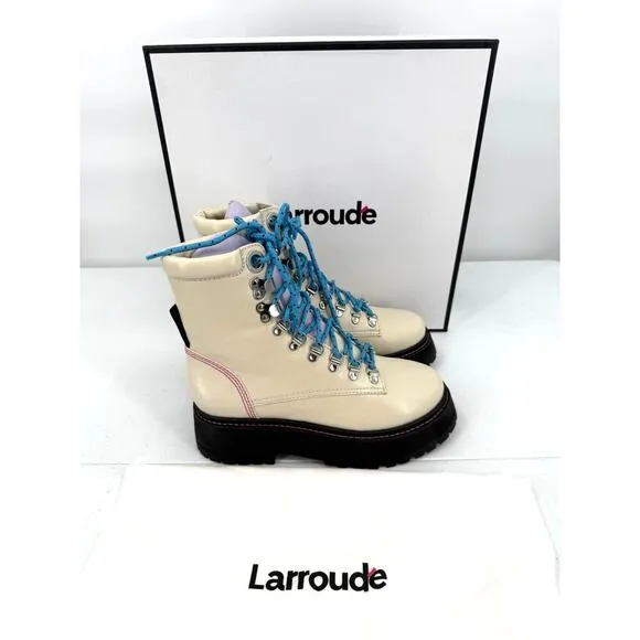 NEW Larroude Jordan Lace Up Ivory Violet Combat Boots Size 5.5