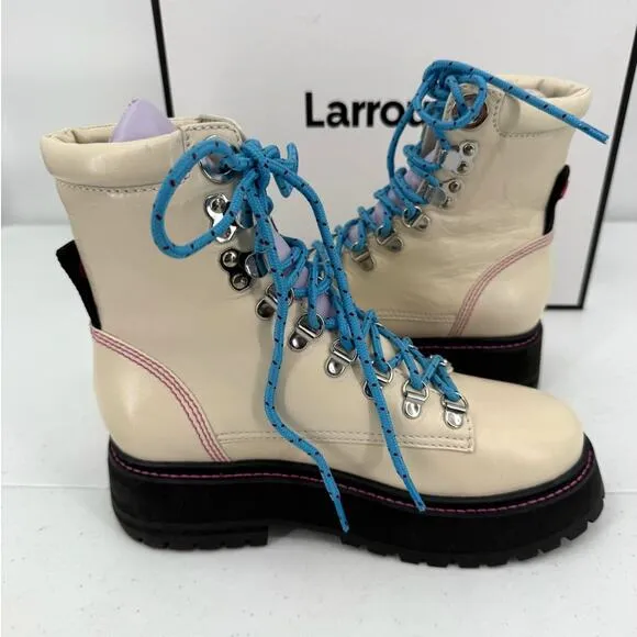 NEW Larroude Jordan Lace Up Ivory Violet Combat Boots Size 5.5